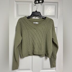 Hollister Cable Knit V-Neck Cropped Sweater Olive Green Women’s Size XS
